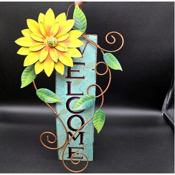 Rustic Metal Sunflower Welcome Sign Vertical Wall Hanging Decor Blue/Teal - Picture 2 of 11